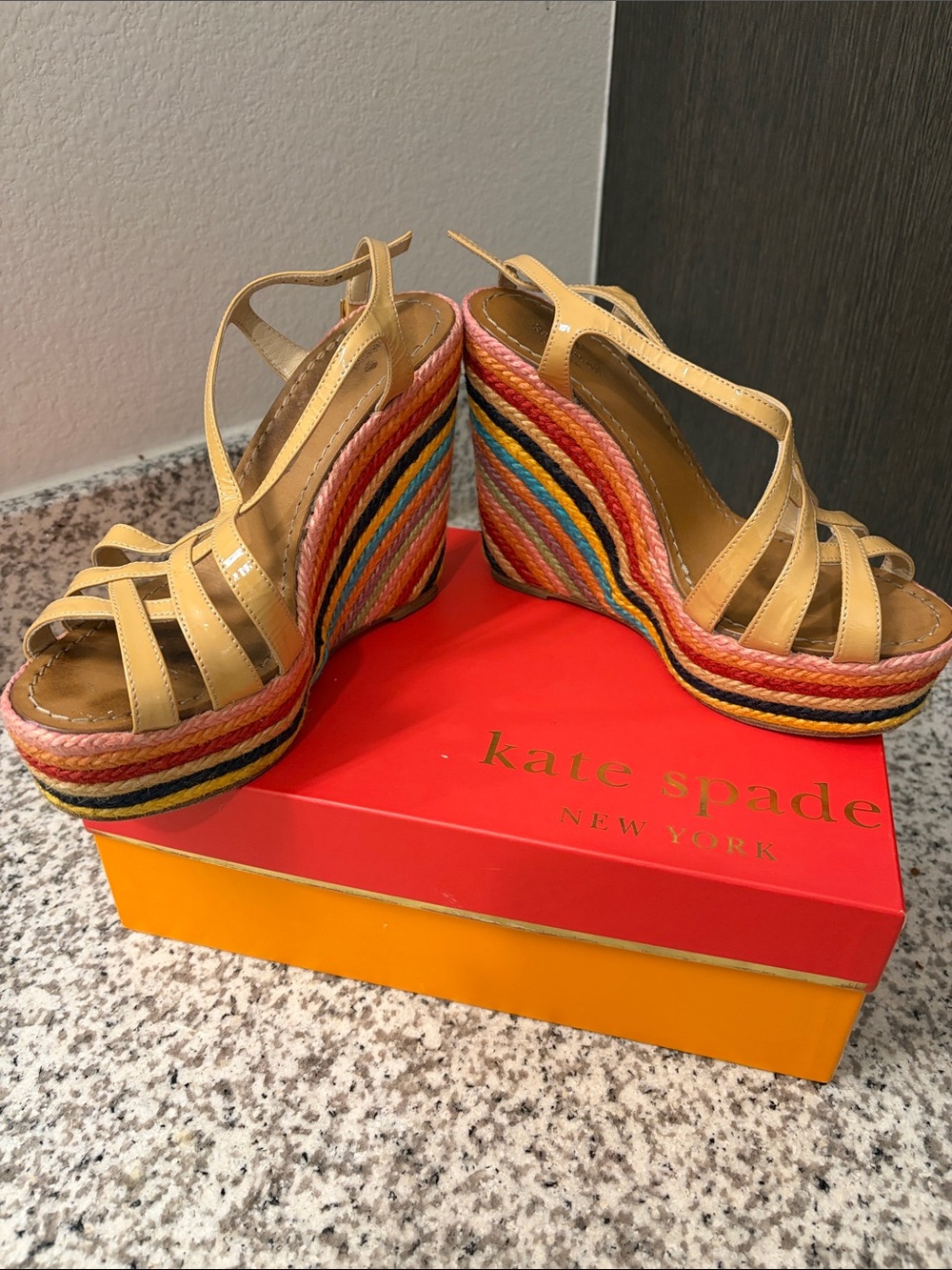 kate spade Lindsay Tan Leather Multi-Color Espadrille Wedge Sandals